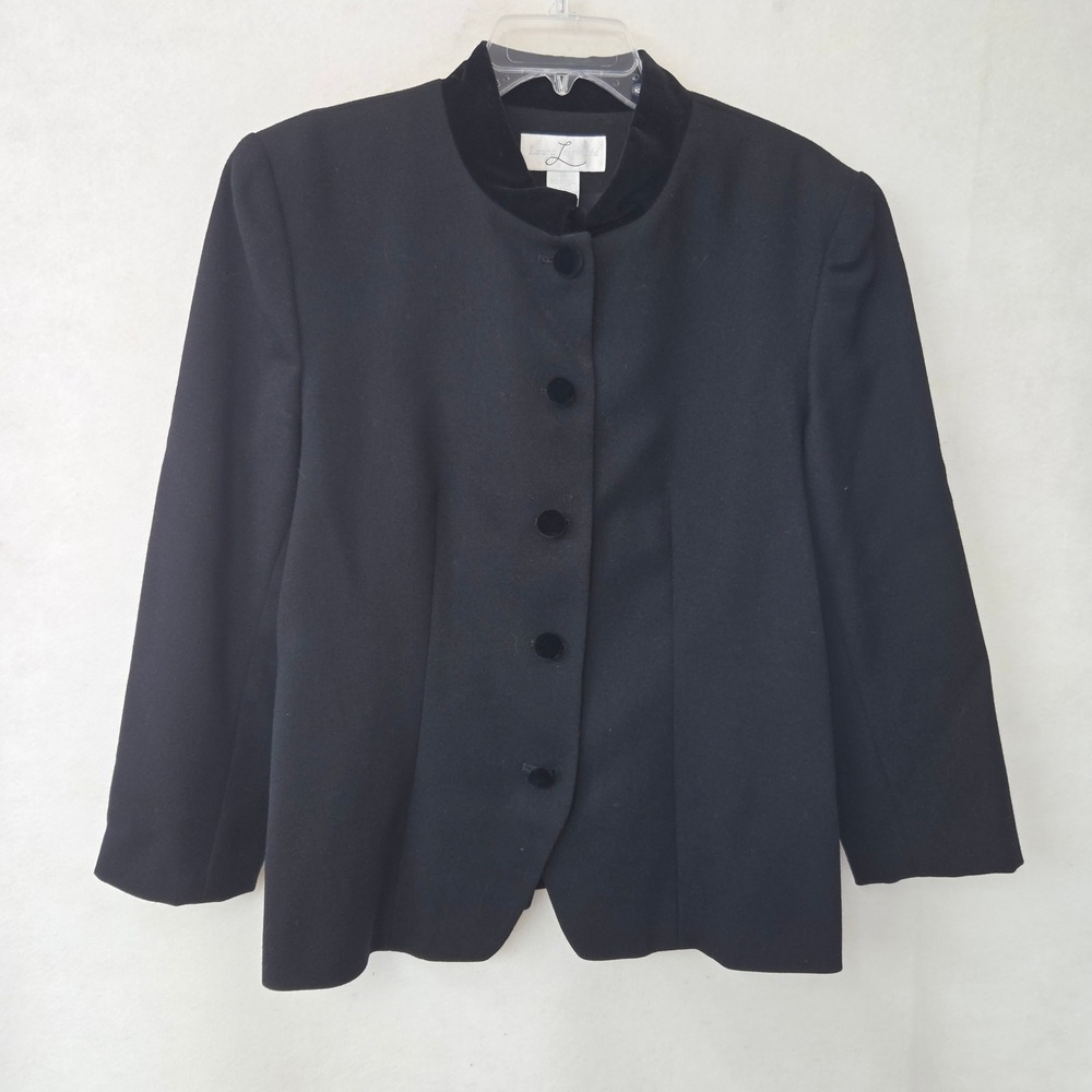 Laura Leigh Ltd Wool Blazer Women 14 Black‎ Velvet Trim Mock Neck Vintage USA